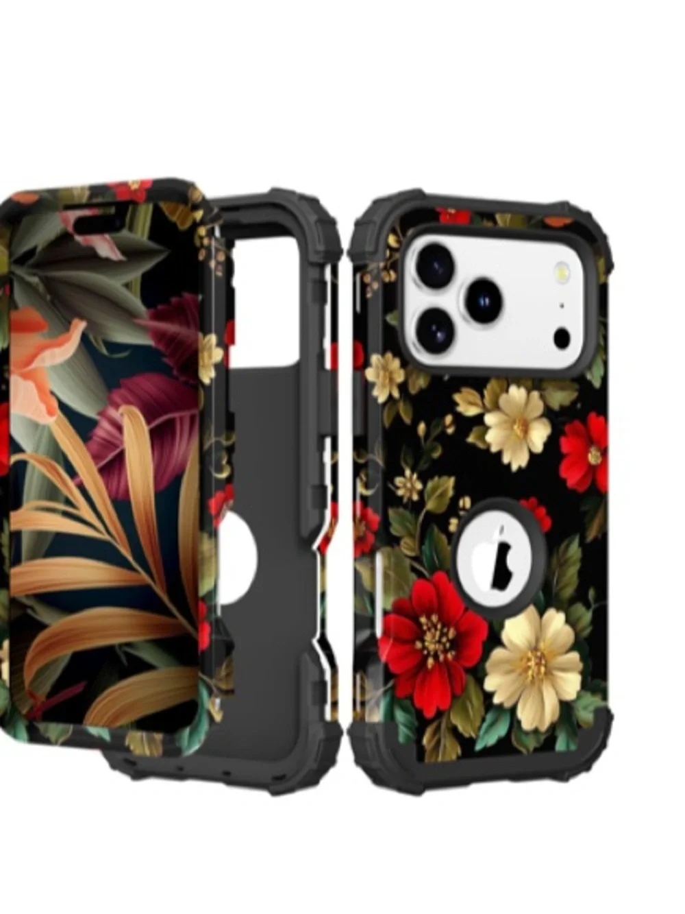 Pixi Protective Floral Phone Case — Black with Red & Gold Blooms iPhone 17 case